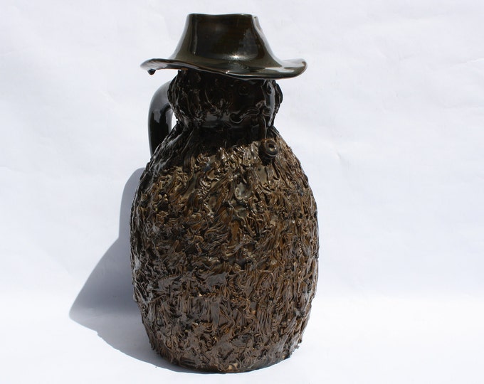 Traditional Figural Ceramic Shepherd Flask, Antique Handpainted Pottery