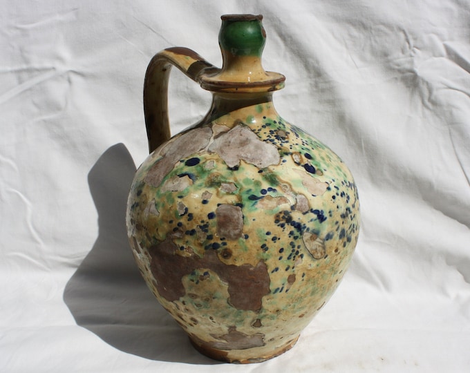 Huge Antique Marble Glazed Folk Pitcher, Folk Bottle, Handpainted Jug, Faience Jug, Folk Ewer