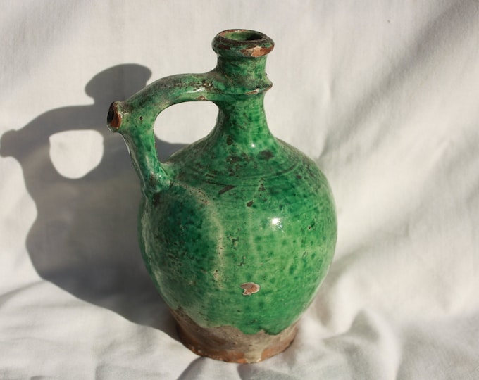 Traditional Hungarian Folk Ceramic Pitcher, Traditional Green Glated Stoneware Water Rattle Jug