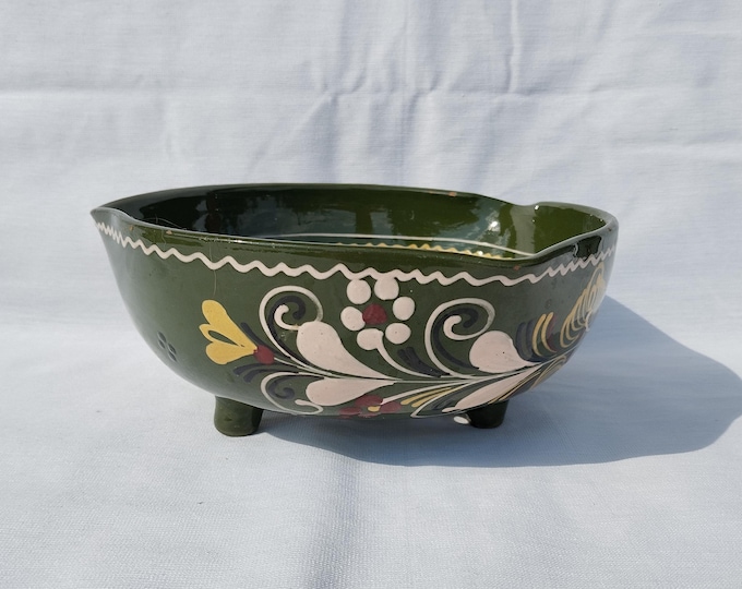 Vintage Green Glazed Colander Fruit Washer, Hungarian Flower Decorated Vessel, Ceramic Strainer, Paste Filter
