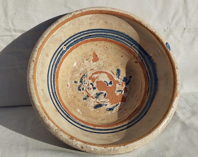 Antique Folk White Traditional Folk Plate, Stoneware Blue Lined Painted Hungarian Platter