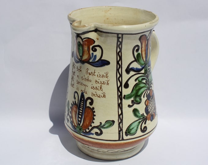 Traditional Ceramic Transylvania Pitcher, Antique Handpainted Korond Pottery