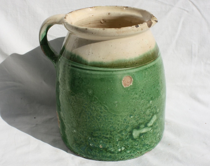 Stoneware Rare Folk Green Glazed Pitcher, Huge Folk Pitcher, Vintage Ewer, Ceramic Pitcher, Ceramic Pottery