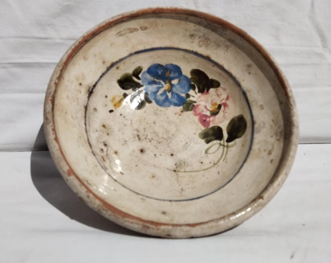 Antique Traditional Hungary Clay White Glazed Flower Decorated Plate, Folk Pottery, Antique Peasant Plate Hodmezovasarhely Bowl