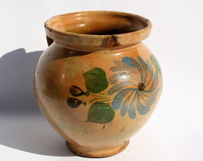 Antique Folk Stoneware Pitcher, Flower Decorated Orange Water Jug