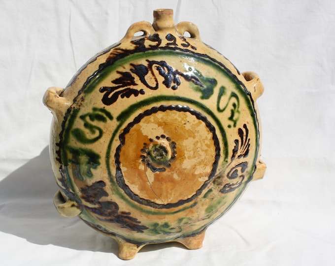 Traditional Antique Round Ceramic Transylvania Flask, Antique Handpainted Pottery, Dated Ceramic Flask 1923