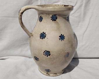 Folk Pottery, Flower Dotted Decorated Folk White Rare Pitcher, Stoneware Bottle, Handpainted Jug, Faience Jug, Folk Ewer
