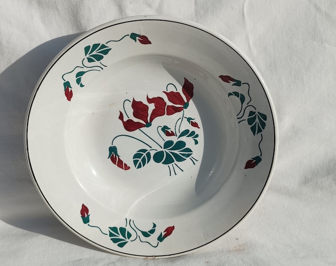 Hollohaza Plate, Hungarian Pottery, Stoneware Folk Rural Plate, Antique Peasant Plate, Flower Plate