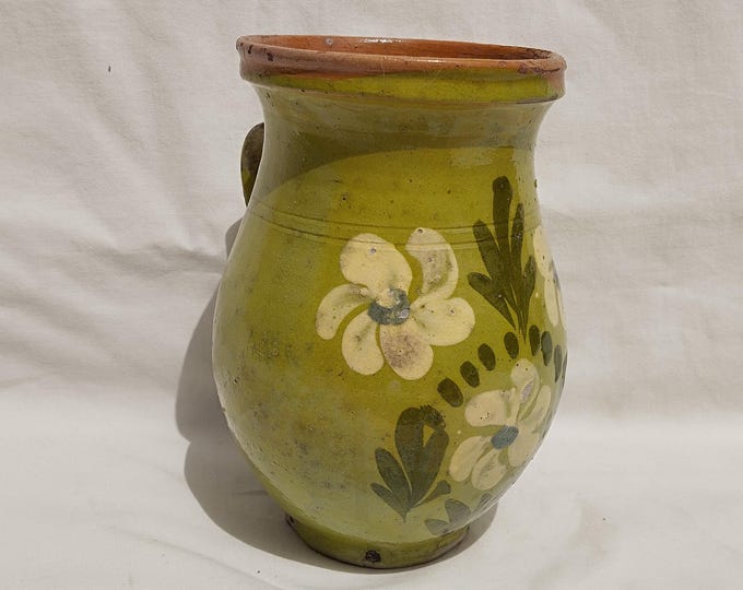Folk Green Glazed Antique Pitcher, Folk Bottle, Handpainted Jug, Faience Jug, Folk Ewer