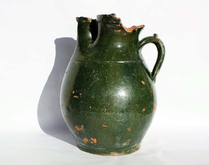 Green Glazed Stoneware Folk Pitcher, Antique Hungarian Traditional Water Jug