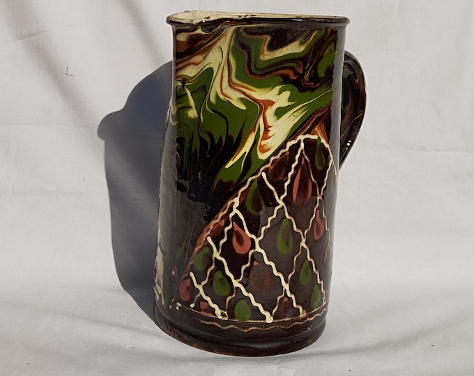 Antique Folk Traditional Flown Glazed Pitcher, Traditional Stoneware Jug