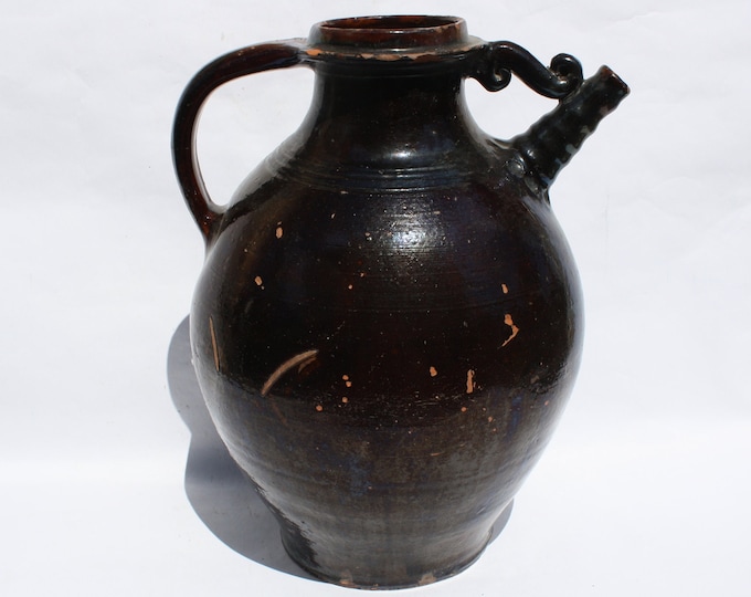 Antique Brown Wine Pitcher with side Spout from early 20th century Antique Water Jug, French Style Faience Jug