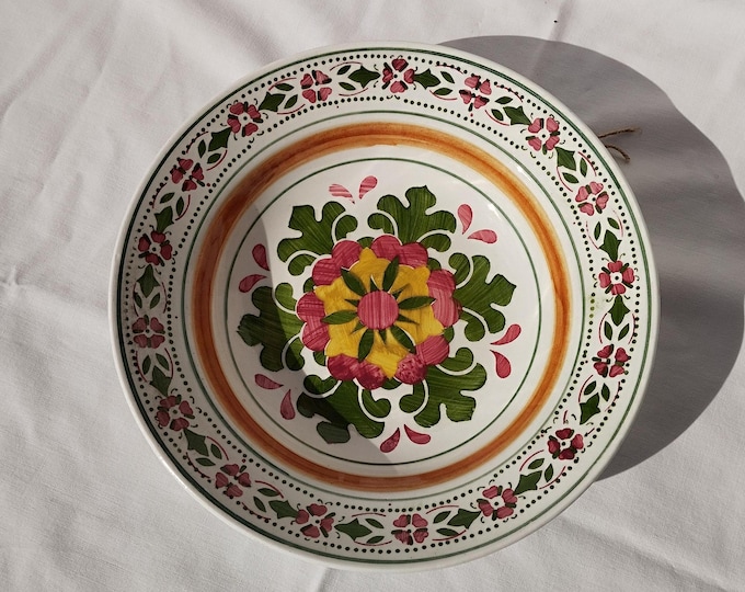 Traditional Flower Design Folk Pottery Plate, Vintage Peasant Flower Plate