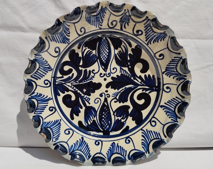 Traditional Blue Painted Clay Plate, Transylvania Pottery, Folk Plate, Antique Peasant Plate