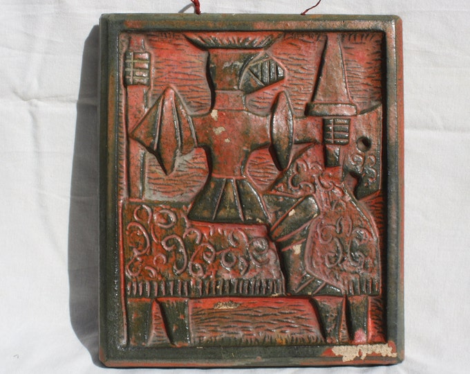 Vintage Red Glazed Tile Stove, Hungarian Art Ceramic Tile, Glazed Tile