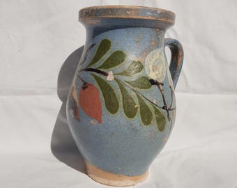 Handpainted Stoneware Folk Jug: Blue Floral Faience, 1920s