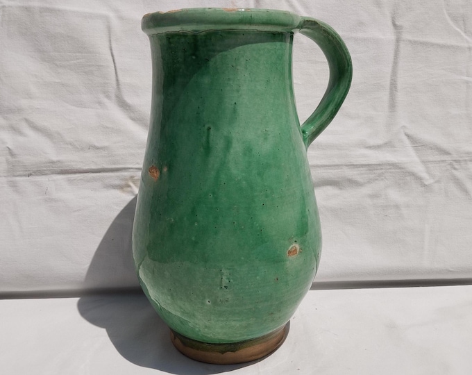 Folk Traditional Green Glazed Stoneware Folk Pitcher, Antique Hungarian Traditional Jug