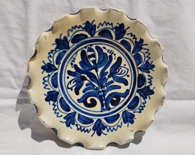 Traditional Blue Painted Clay Plate, Transylvania Pottery, Folk Plate, Antique Peasant Plate