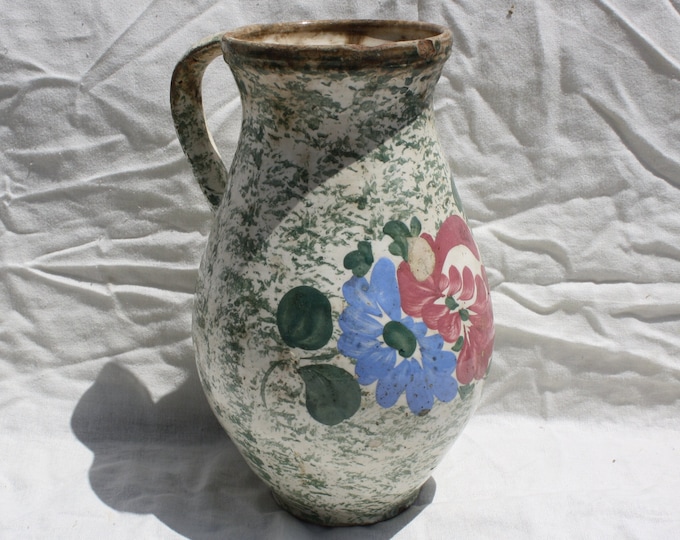 Traditional Antique Folk Traditional Splashed Glazed Flower Designed Pitcher, White Stoneware Jug