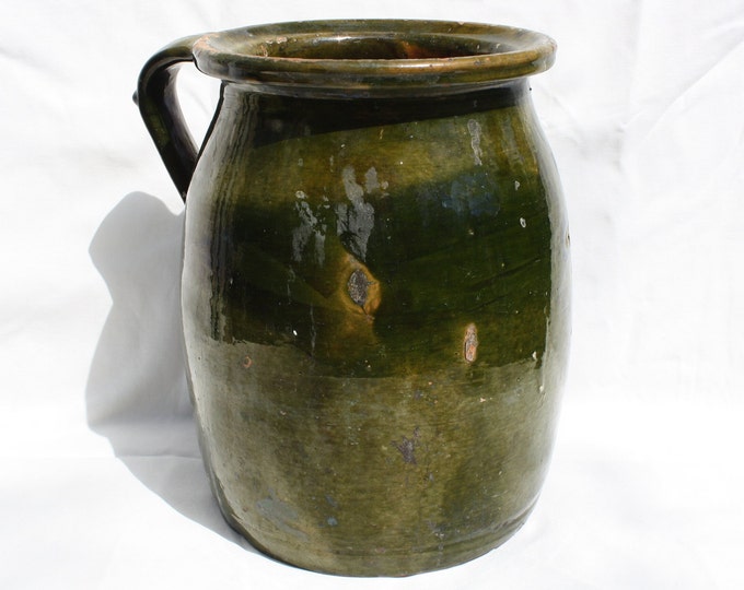 Huge Green Glazed Pot, Traditional Folk Stoneware Pottery, Rare Folk Pitcher, Ceramic Pitcher, Ceramic 150 years old Pottery