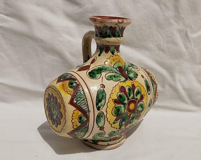 Unique Hutsul Pitcher Flask, Antique Hucul Barrell Pitcher, Folk Ukranian Vase, Folk Ceramic Pitcher, Clay Pitcher, Handpainted Vase