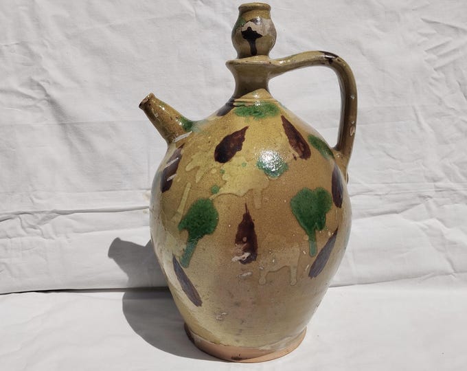 Huge Antique Marble Glazed Folk Pitcher, Folk Bottle, Handpainted Jug, Faience Jug, Folk Ewer