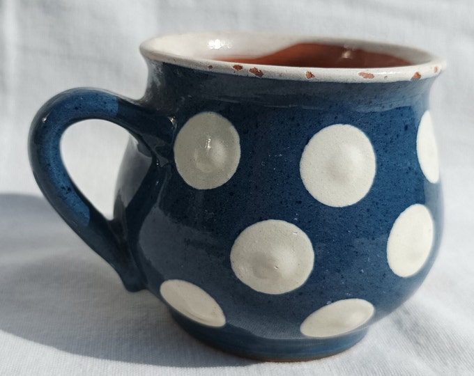 Folk Jar, Folk Blue Bottle, Handpainted Jug, Faience Jug, Folk Ewer Coffee Mug, Blue Jar with White Dots