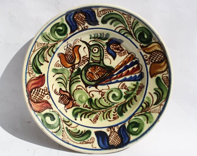 Clay Plate, Transylvania Pottery, Folk Plate, Antique Peasant Plate, Bird Plate