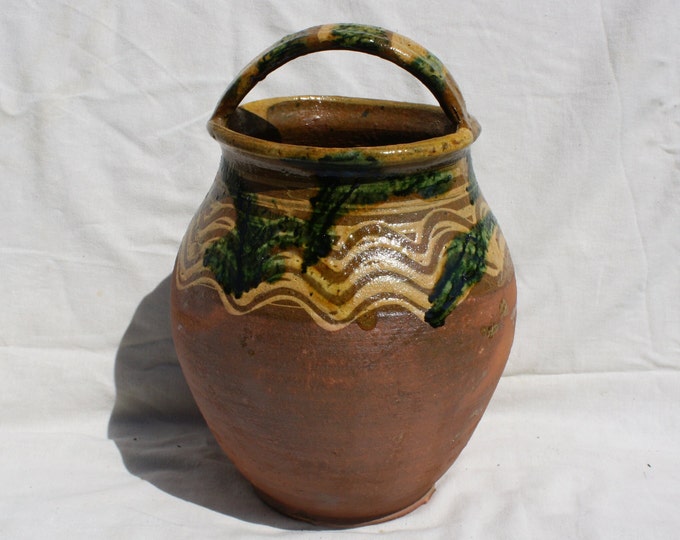 Traditional Antique Top Handle Folk Ceramic Pottery Jug, Milk or Water Jug