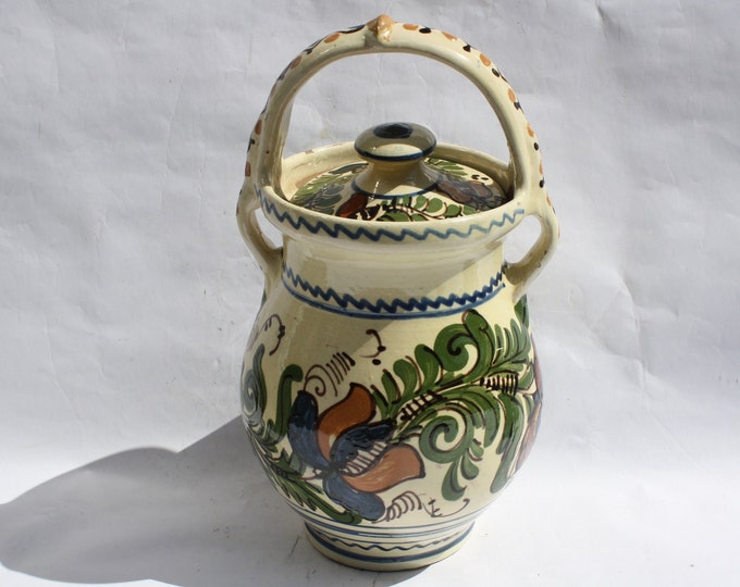 Traditional Top Handle Folk Ceramic Pottery Jug, Milk or Water Jug