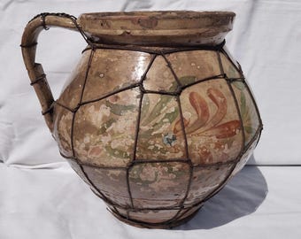 Antique Stoneware Wired Jug, Rare Folk Clay Water Pitcher