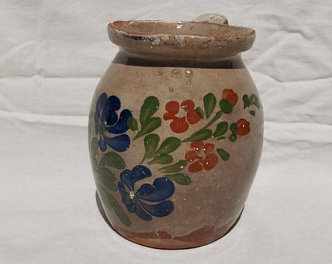 Antique Folk White Milk Jug, Stoneware Flower Decorated Hungarian Pitcher