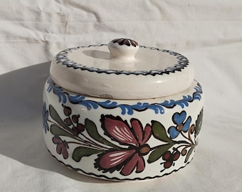Rare Traditional Folk Hungarian Hodmezovasarhely Ceramic Sugar Bowl, Folk Flower Blue Painted Holder