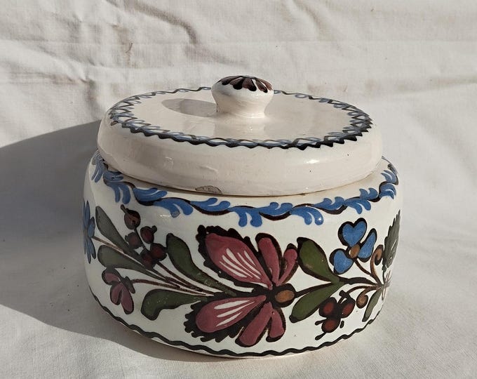 Rare Traditional Folk Hungarian Hodmezovasarhely Ceramic Sugar Bowl, Folk Flower Blue Painted Holder