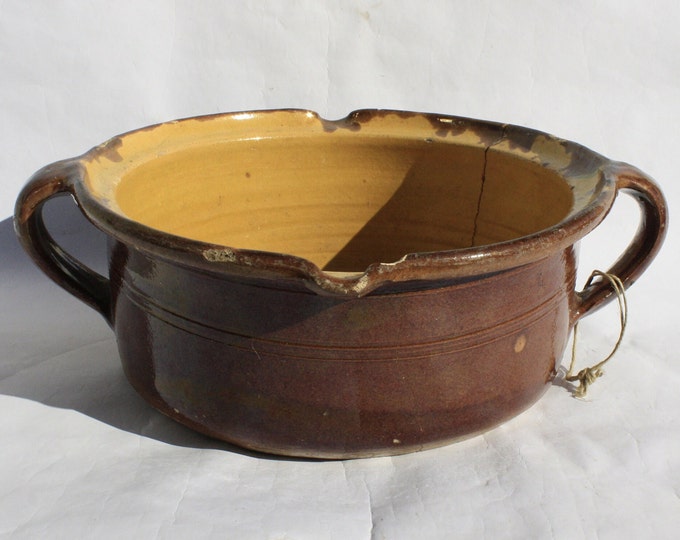 Antique Traditional Huge Folk Farmhouse Stoneware Brown Glazed Antique Bowl, Folk Hungarian Pottery