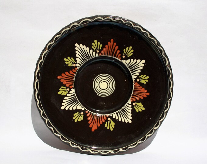 Traditional Folk Hungary Black Ceramic Plate, Hungarian Pottery Peasant Plate
