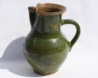Antique Folk Ceramic Green Pitcher, Traditional Little Stoneware Milk Jug