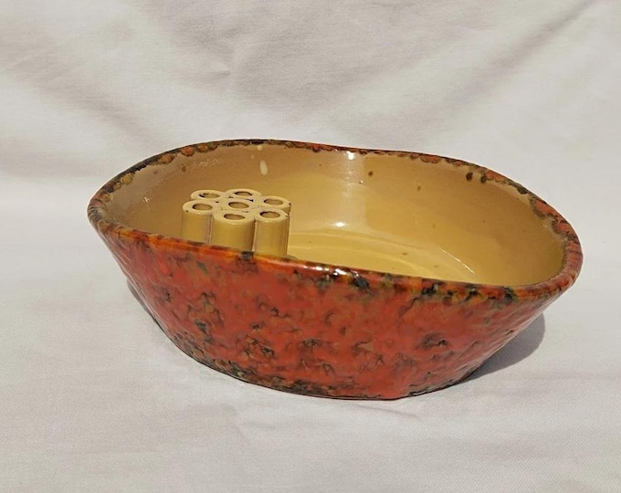 Ikebana Vase, Ceramic Orange Ikebana Dish, Vintage Ceramic Flower Frog, Ikebana Bowl
