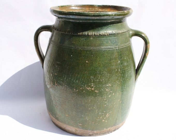 Huge Green Glazed Stoneware Pot, Traditional Folk Stoneware Pottery, Rare Folk Pitcher, Ceramic Pitcher, Ceramic 150 years old Pottery