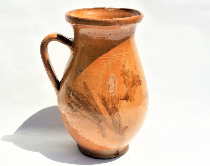 Antique Folk Traditional Splashed Glazed Milk Pitcher, Ethnographic Stoneware Jug