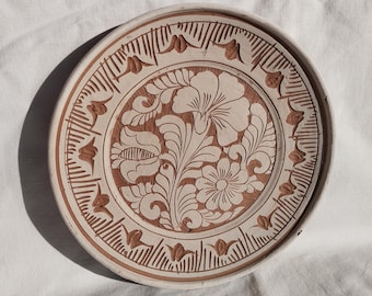 White - Cream Colored Ceramic Carved Design Plate, Hungarian Traditional Pottery Clay Plate
