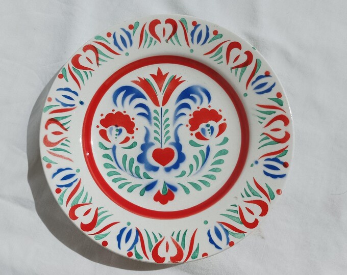 Traditional Hungarian Folk Pottery Plate, Vintage Peasant Flower Plate
