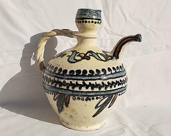 Antique Folk Traditional Glazed Side Spout Pitcher, Line Designed White Jug