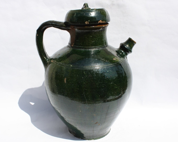 Antique Huge Green Wine Pitcher with side Spout from early 20th century, Traditional Antique Water Jug