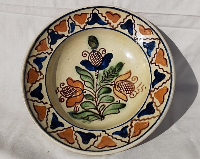 Traditional Folk Transylvania Korond Pottery Plate, Vintage Stoneware Folk Peasant Plate