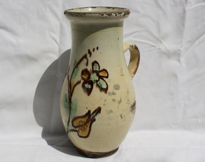 Traditional Antique Folk Traditional Flower Glazed Flower Designed Pitcher, White Stoneware Jug