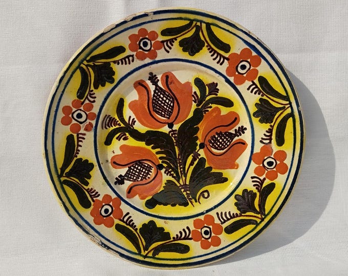 Antique Old Folk Clay Plate, Transylvania Pottery, Folk Art Pottery, Antique Peasant Plate, Flower Plate