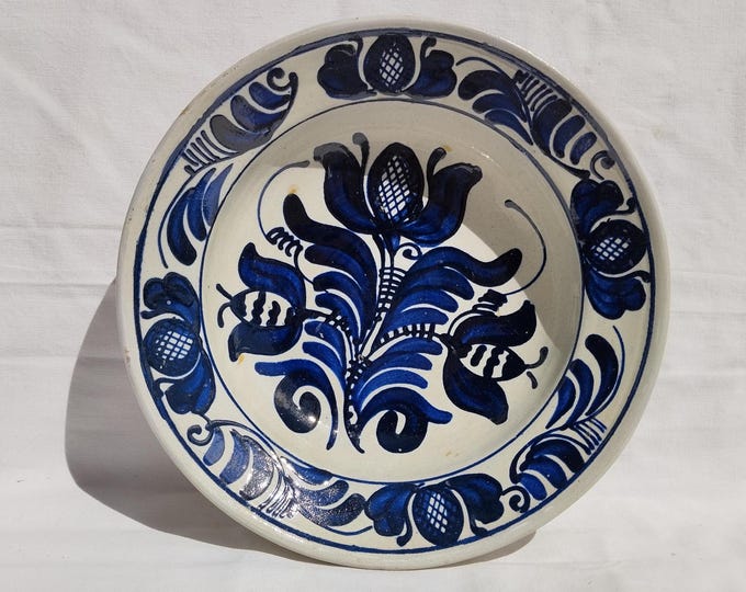 Antique Blue Traditional Transylvania Plate, Folk Designed Korond Plate
