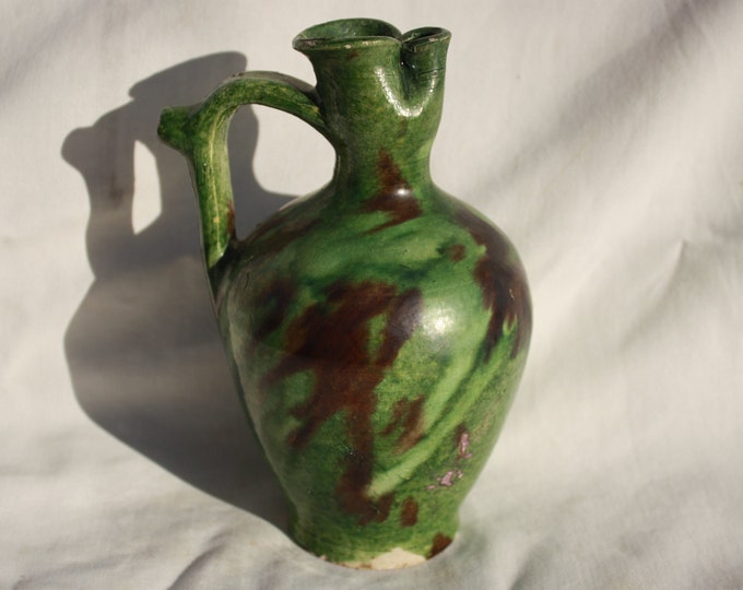 Antique Green Glazed Pitcher from early 20th century Antique Water Jug, Flown Glazed Rattle Jug