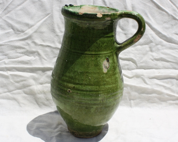 Antique Folk Ceramic Green Glazed Pitcher, Traditional Stoneware Milk Jug